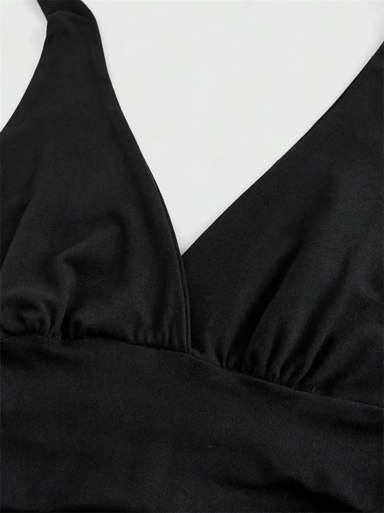 Solid V-neck Backless Halter Crop Top for Women Summer Sexy Y2K Sleeveless Ruched Top Streetwear