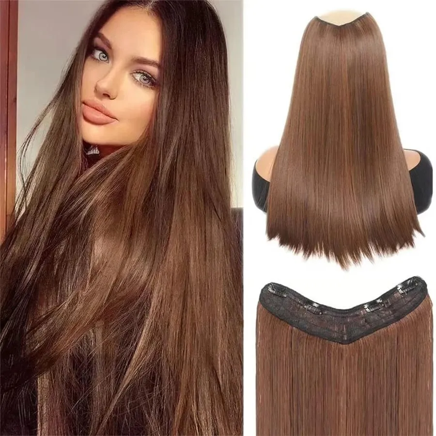 Synthetic Long Straight V-Shaped Half Head Wig Suitable for Women Black Brown Hair Clip Gold Black Brown Natural Wig