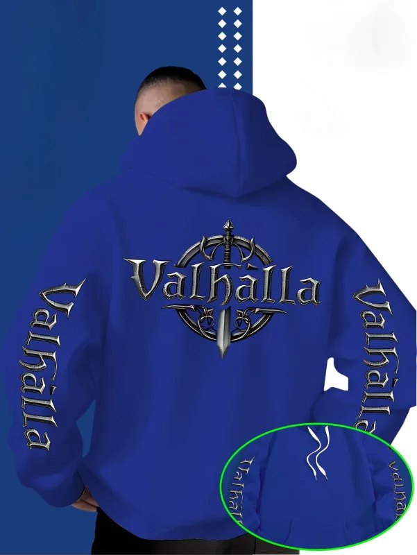 Moletom com capuz estampado com logotipo em forma de espada Viking Valhalla estilo rua para homens, adequado para outono e inverno. — image 5