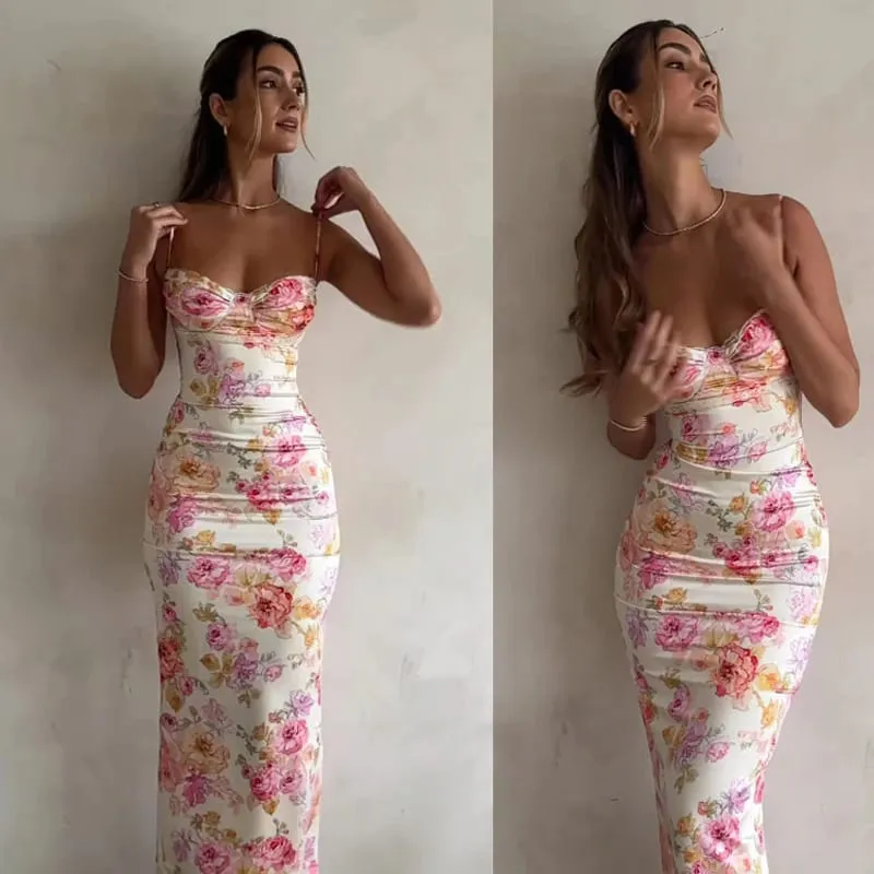 Νέα Floral Ζαρτιέρες Split Slim αμάνικο Patry Beach Φόρεμα Spaghetti Strap Γυναικεία Ρούχα Μίνι Φόρεμα 2024 Καλοκαίρι — image 2