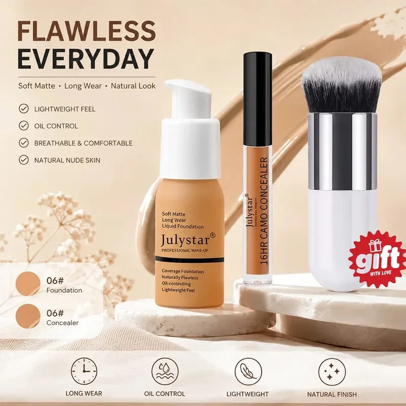 3‑Pc Base Makeup Kit Foundation&Concealer Free Brush. Matte 16H Oil‑Control Lightweight Full-Coverage para sa Natural na Pang-araw-araw na Mukha