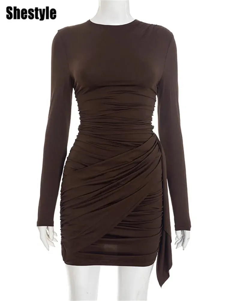 Shestyle צוואר צוואר מוצק דק נדן שמלת נשים חפיפה שרוולים ארוכים בורדו אלגנטי מקרית Bodycon תלבושות משרד ליידי 2026