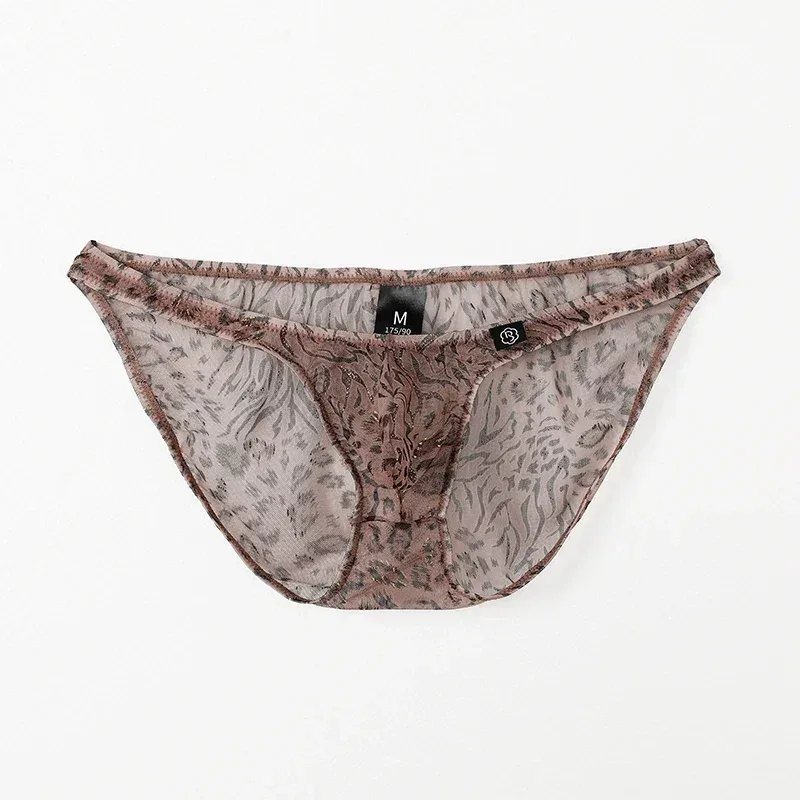 Men Leopard Printed Mesh Underwear Ice Silk Thin Breathable Low Waist Quick Dry Cool Summer Mens Briefs Panties