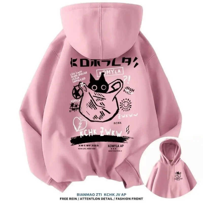 Japão estilo gato preto hoodie masculino feminino ao ar livre rua casual moda esporte dos desenhos animados manga comprida adulto outono inverno moletom topo