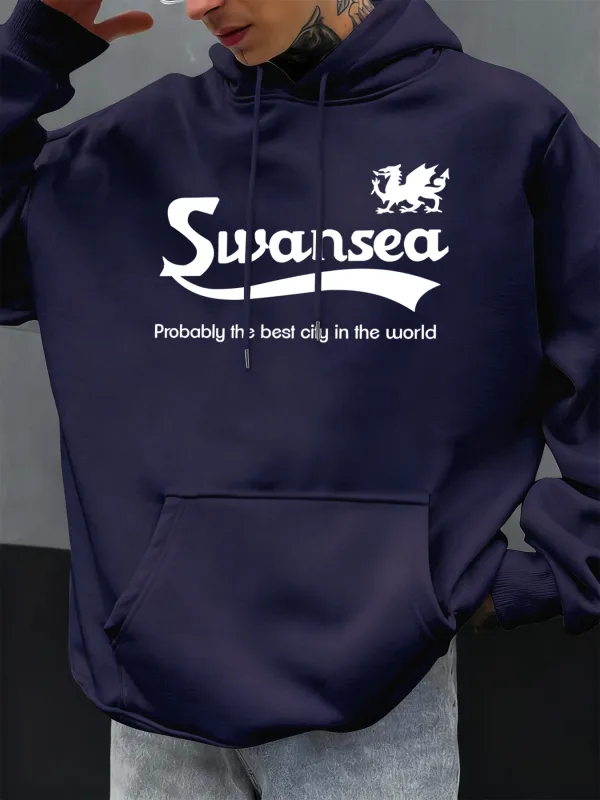 Swansea De Beste Stad Brief Ontwerp Herfst Mannen Hoody Pocket Hoodie Casual Fleece Zachte Truien Hiphop Kleding Losse Tops