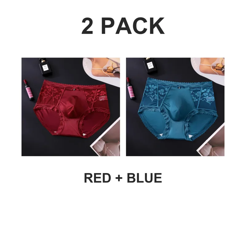 2 Pack Mens Mid Rise Satin Lace Briefs 3D Pouch Rhinestone Bow High Elastic Scalloped Trim Smooth