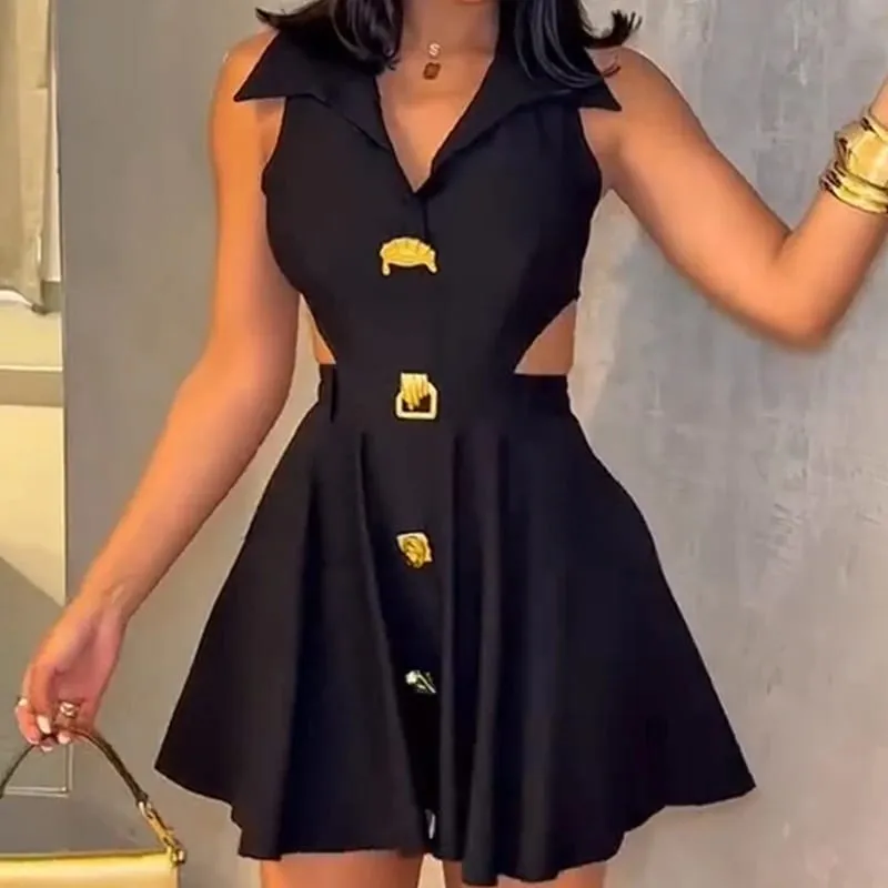 Summer Solid Color High Waist Pleated Dresses Office Lady Lapel Button A-line Dress Sexy Hollow Out Sleeveless Slim Short Dress — image 6