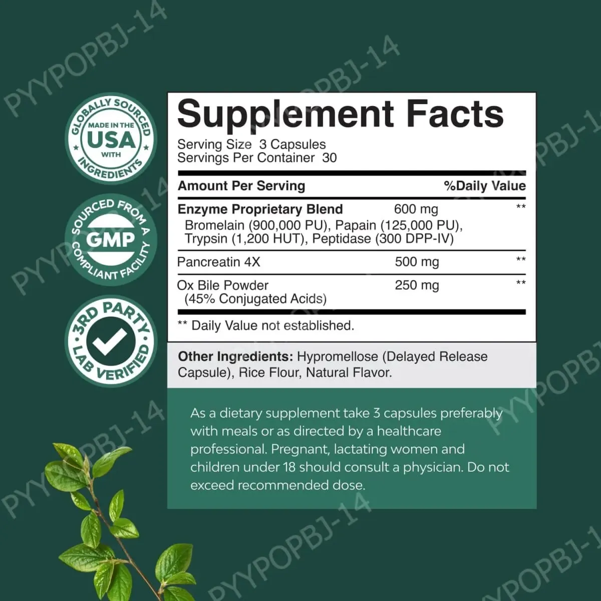 Digestive Enzyme Ox Bile Supplements with Pancreatin & Bromelain 90 Capsules 30 Servings for Women & Men