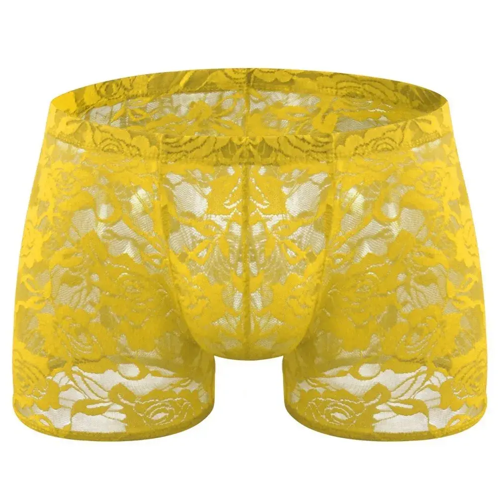 Men See Through Lace Boxer Shorts Bulge Pouch Low Waist Underwear Solid Panties Elastic Waist Breathable Transparent Underwear — image 4