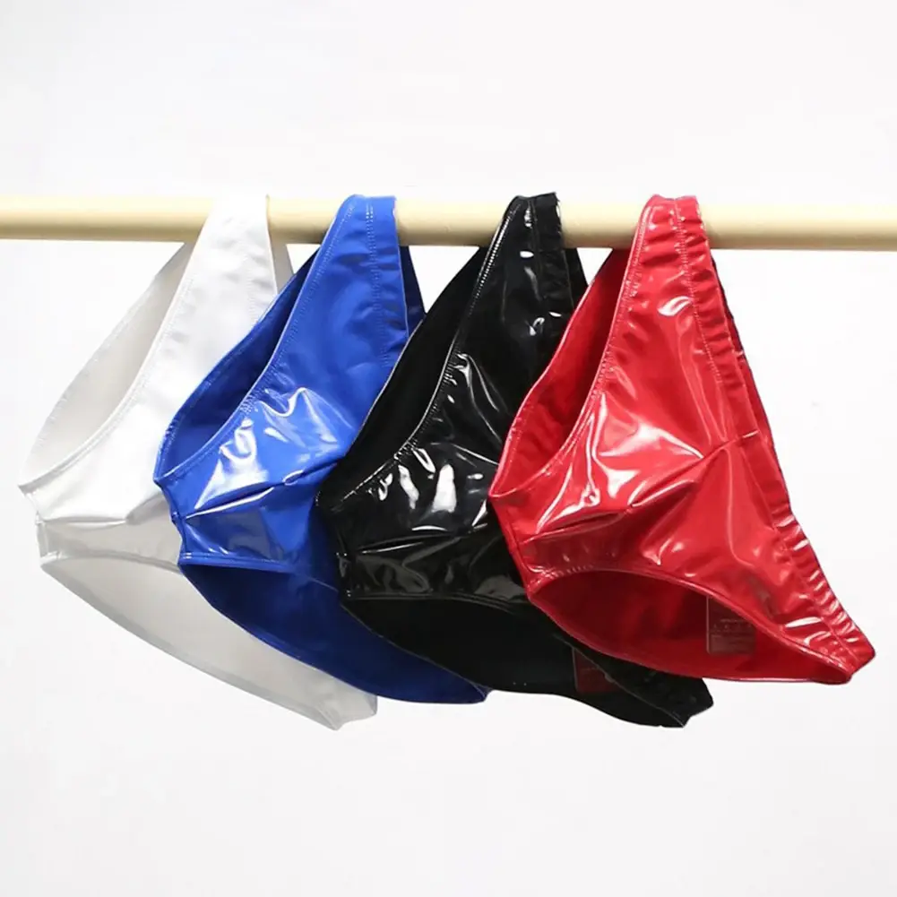 Men Sex Faux Latex Brief Glossy Patent Leather Package Hip Gay Underwear Lingeri Smooth Thongs Candy Color Thong T-Back — image 2