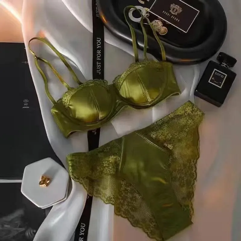 European Satin Half Cup Push Up BH Set Bügel Dünn Glatt Grün Spitze Komfortabel Sexy Dessous Für Damen 32-38 Hot Selling YEMOMO