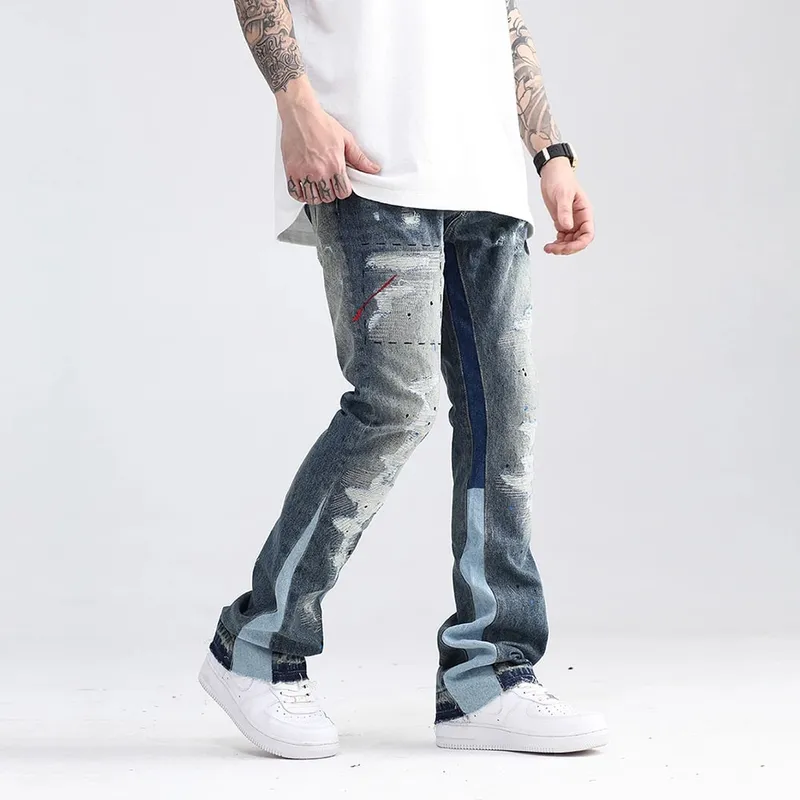 Blue Speckle Ink Washed Flared Jeans Slim Fit Hip Hop Graffiti Ripped Denim Παντελόνι Ανδρικό Streetwear Vintage Φαρδύ τζιν παντελόνι Y2k