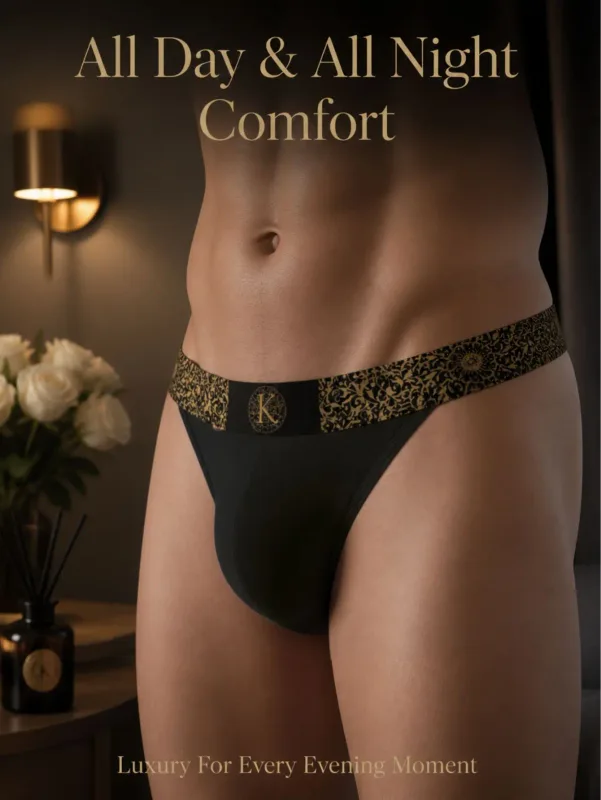 Men High‑Leg Bikini Briefs Vintage Festive Ornate Black‑Gold Elastic Waist Stretch Sweat Evaporating Underwear Date Anniversary