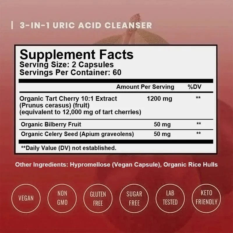 Organic Tart Cherry & Celery Seed Capsules - Uric Acid Cleanse Support Sleep & Joint Health Muscle Repair