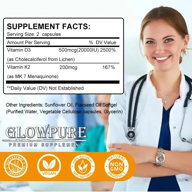 Vitamin D3 K2 Capsule - 20 000 IU Vitamin D3 Promotes Strong Bones Calcium Absorption Teeth Heart Cardiovascular Health