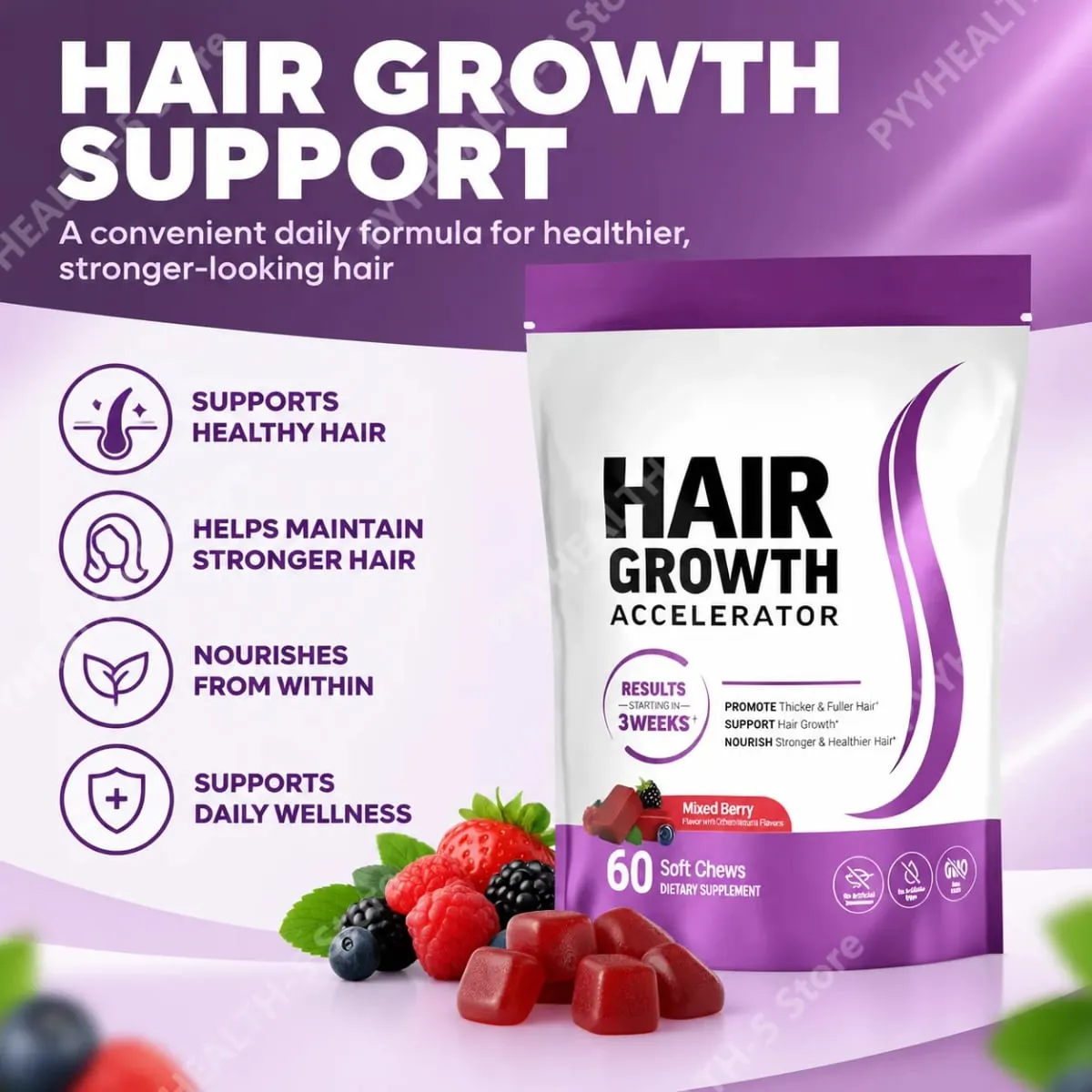 Συμπλήρωμα Biotin Hair Growth Soft Chews Support Fuller Thicker Hair Vitamin C & E for Healthy Hair Nourishment 60 Gummy — image 5