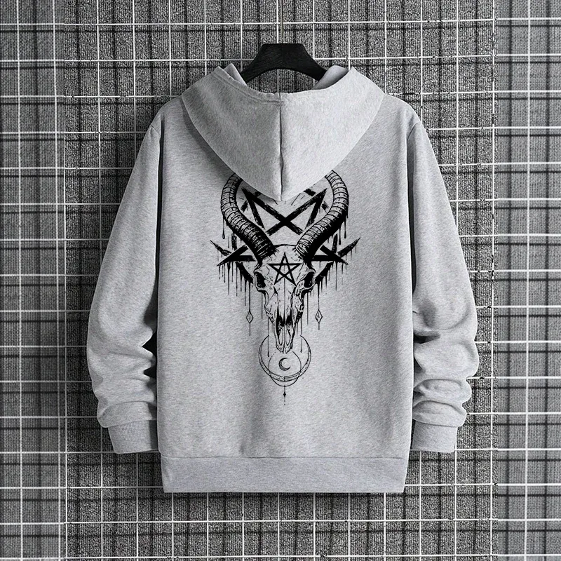 Musim Gugur Musim Sejuk Lelaki Topi Pullover Kasual 666 & Salib Terbalik Hoodies Gothic Lelaki Bercetak Seram Setan Baju Jalanan — image 10