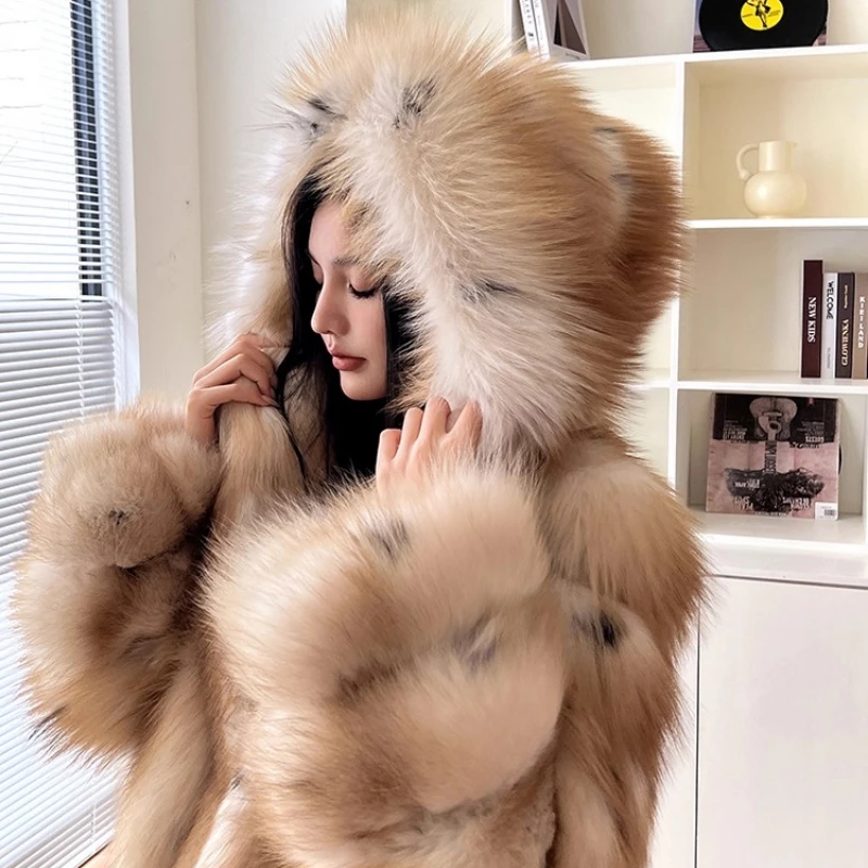 autumn and winter Imported whole fox fur Thickened New hooded long-sleeve dcommuting style fur coat шуба женская 2025