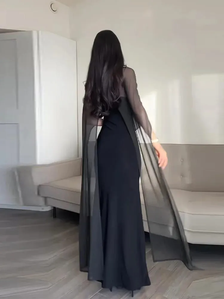 שמלות ערב נשים שקוף קייפ אלגנטי Slim צווארון V ללא גב ללא גב ללא שרוולים שמלת חבילת ירך לאישה 2026 Lady Party Vestidos