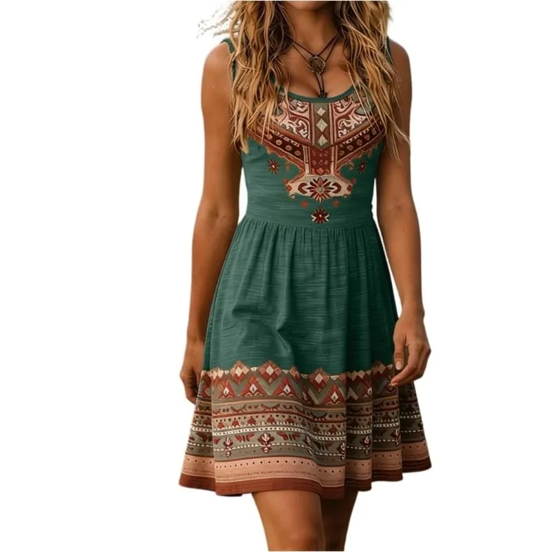 Dresses for Women Floral Print Waist Sleeveless Dress Wide Strap Smocked Short Bohemian Dress
