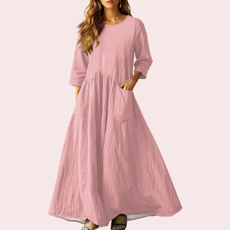 Women's Summer Loose Long Dresses Solid Color Three-quarter Sleeve Double Pocket Dress Loose Round Neck Linen Dress Vestidos