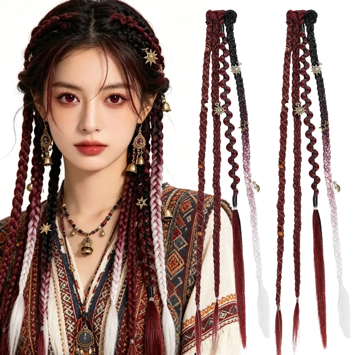 Boho Ombre Μπορντό πλεκτό Extensions Ponytail Hair Extensions Συνθετικές πλεξούδες με Bohemian Viking Hair Pieces for Women Carnival Party — image 2