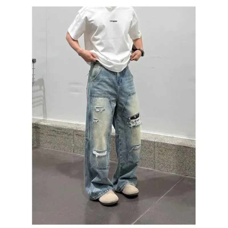 Men's Jeans Man Pants Heavy Duty Washed Multi Pocket Carpenter Style Straight Loose Denim Trousers Casual Fit High Street — image 3