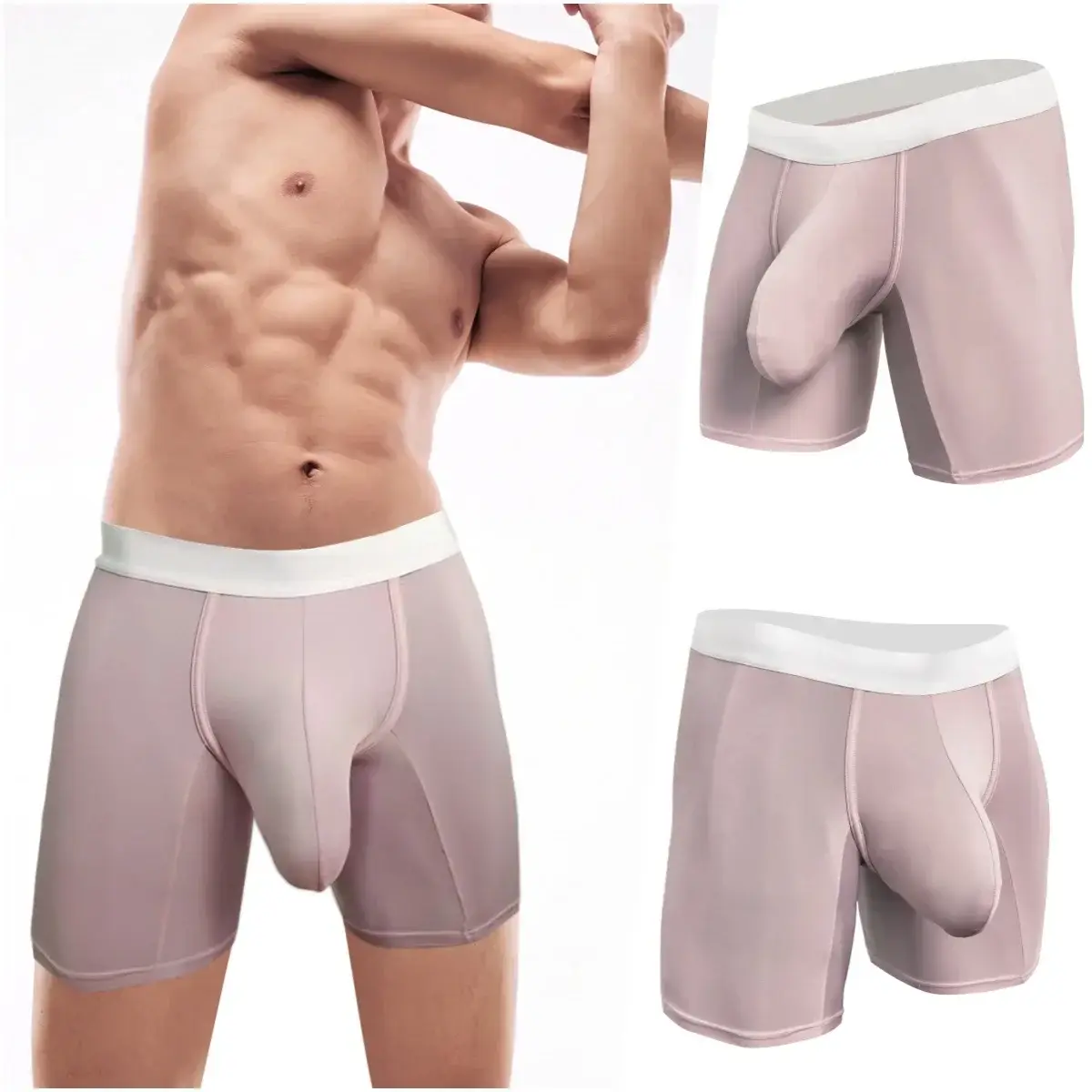 Men Ice Silk Boxer Briefs Deep U Convex Pouch Breathable Cool Quick Dry Sports Running Underwear Anti Chafe Seamless Underpants