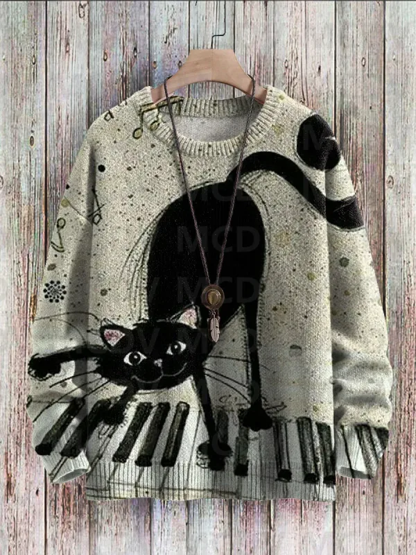 Niedlicher schwarzer Katzen-Blumen-Vögel-Kunstmuster-Druck, lässiger Strickpullover, klassischer Pullover für Herren und Damen
