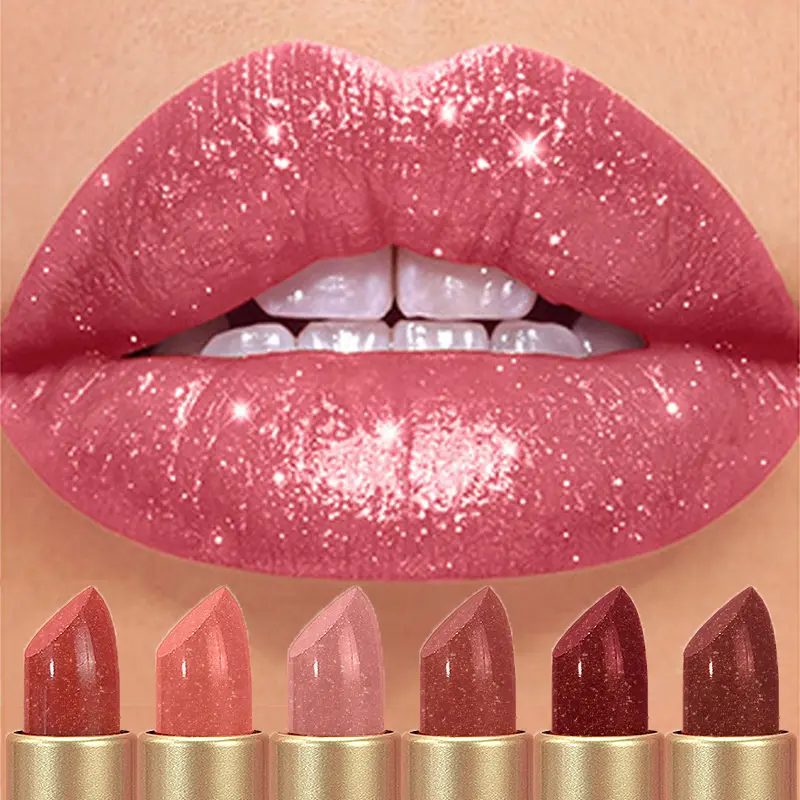 Diamond Pink Lipstick Chocolate Brown Metallic Glitter Lipstick Μεγάλης διάρκειας Αδιάβροχο Shimmer Pearl Sparkling Lip Gloss Μακιγιάζ