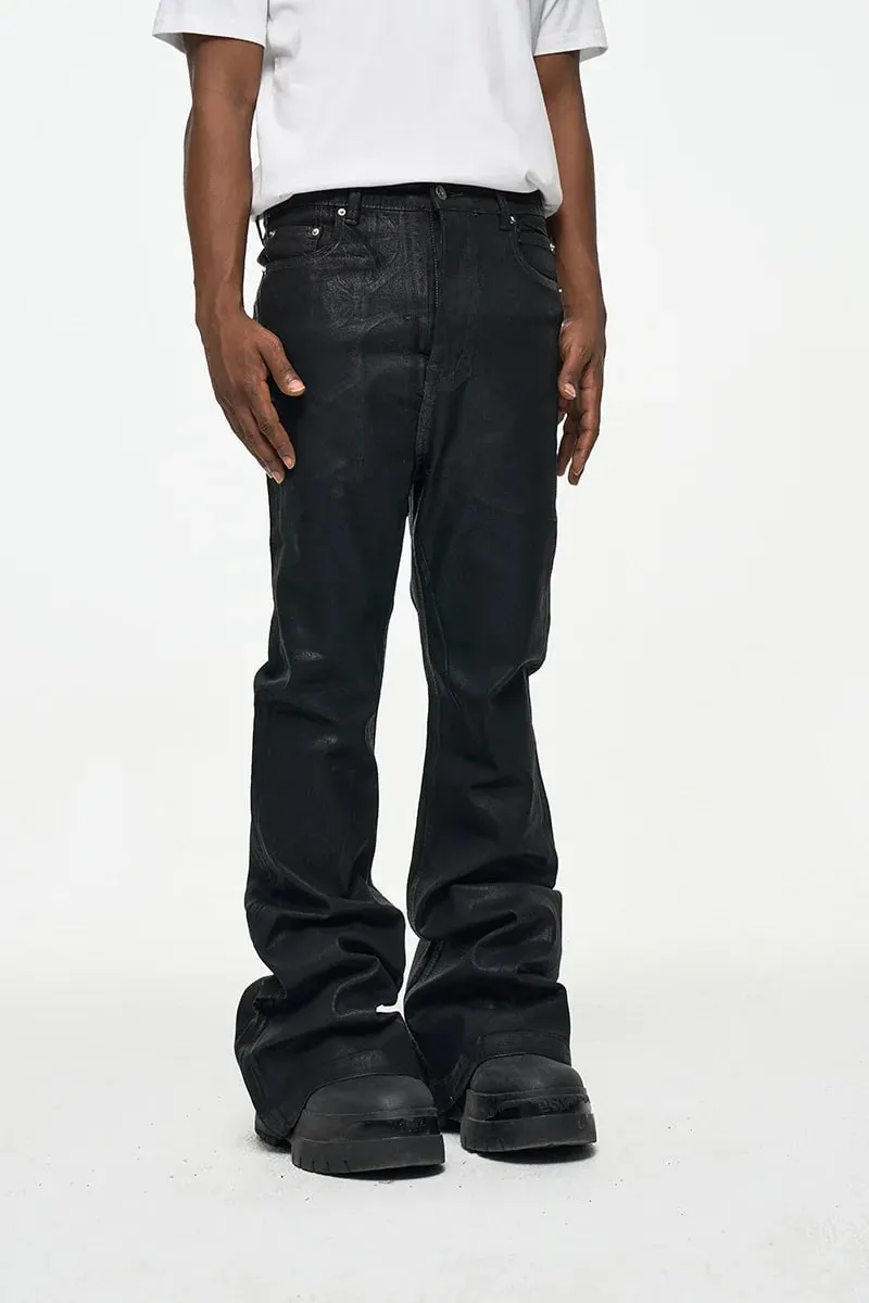 2026 High Street Coated Brushed Micro-flared Floor-length Jeans for Men Retro Street Wear Loose Micro-elastic Waxed Pants — image 8