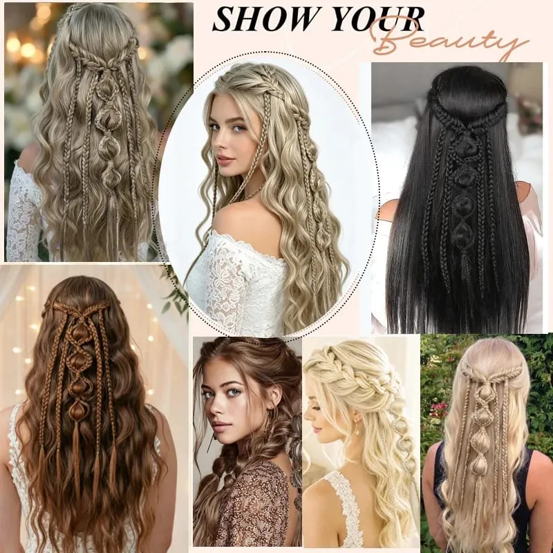 Κλιπ σε πλεξούδα Συνθετικά Μαλλιά Extensions Boho Festival Princess Braid Viking Renaissance Cosplay Wedding Hairpiece για γυναίκες