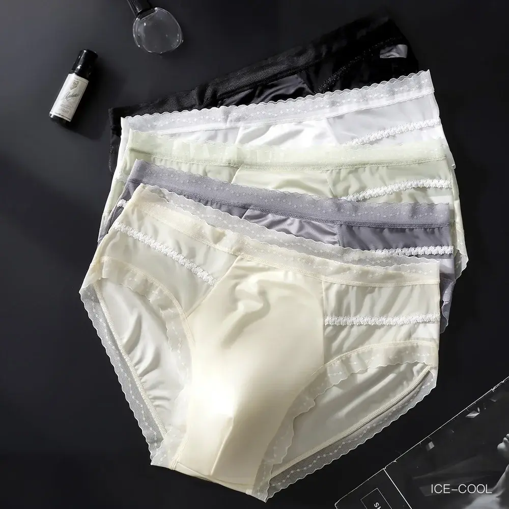 Men's Low Waist Triangle Underwear Sexy Elastic Lace Trim Silk Pouch Ultra-Thin Seamless Underpants plus Size Lingerie — image 9