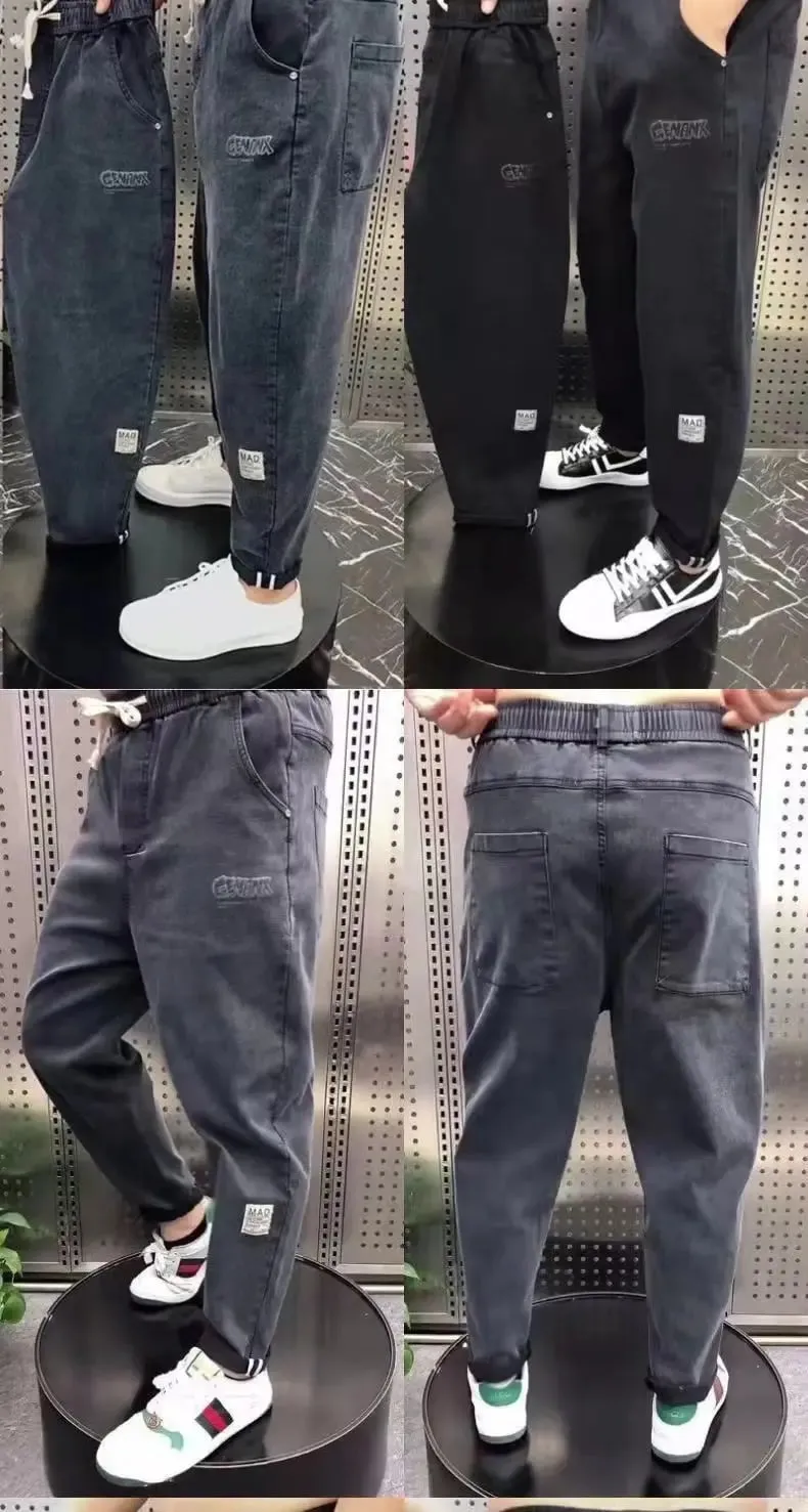 Harajuku Stretch Korea Streetwear רופף ג'ינס ג'ינס מוצק מותן אלסטי לגברים אביב קיץ חדש פלוס מידה 7XL 8XL מכנסיים מזדמנים