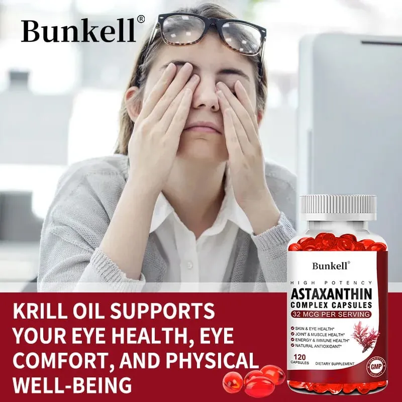 Bunkell Vegan Astaxanthin with Fish Oil & Antratic Krill Oil Antioxidant Supports Eye Skin Cellular Health Non-GMO Capsules