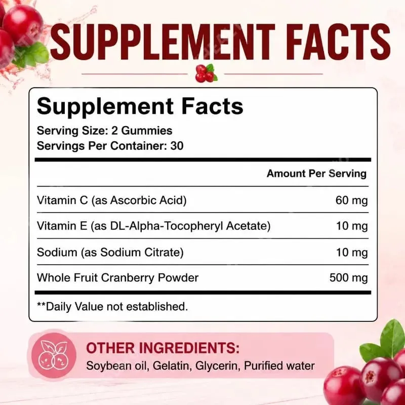 Áfonya-gumik a húgyutak egészségének támogatására C-vitaminnal 40 Mg és E-vitaminnal 2,7 Mg 60 Gummies