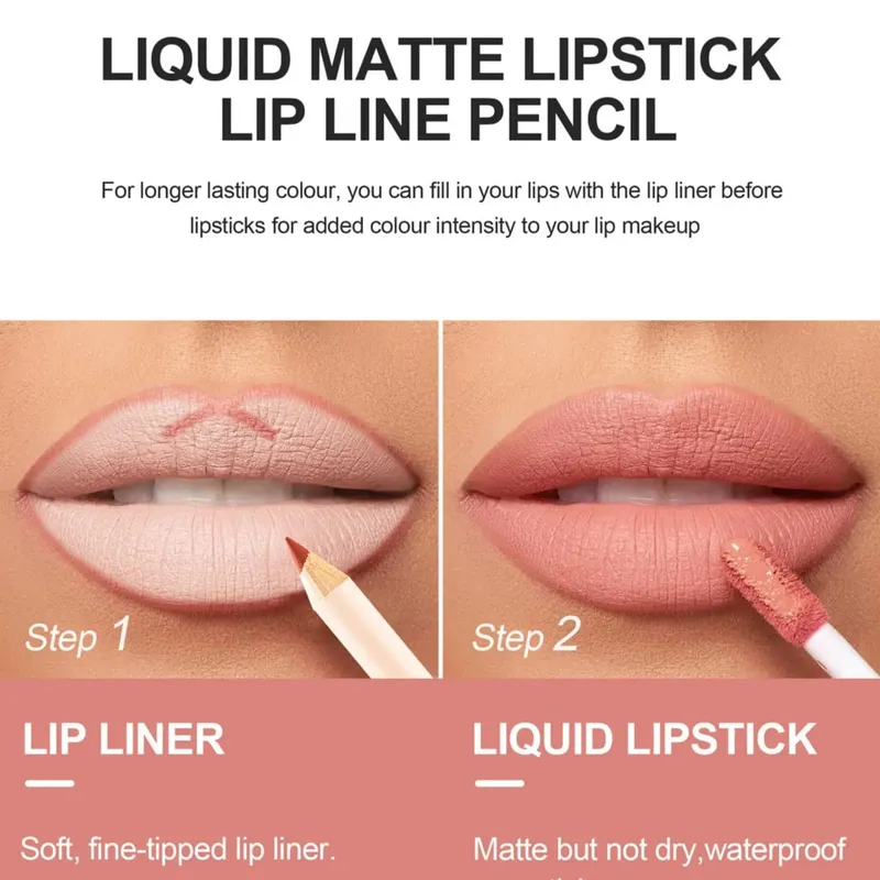 Pambabaeng 2-in-1 Lipstick Set na may Lip Liner Waterproof Long-lasting Korean Makeup Matte Finish Cosmetics Kit Libreng Pagpapadala