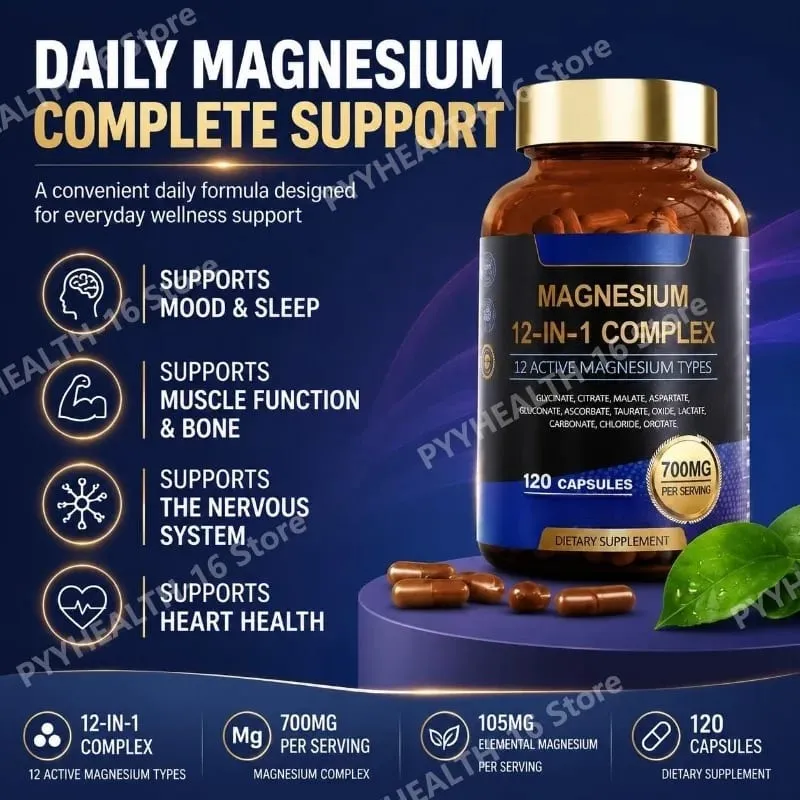 Magnesium Glycinate 12-in-1 Complex Sleep & Mood Support Muscle & Bone Health Citrate Malate Taurate 120 Capsules Non-GMO — image 4