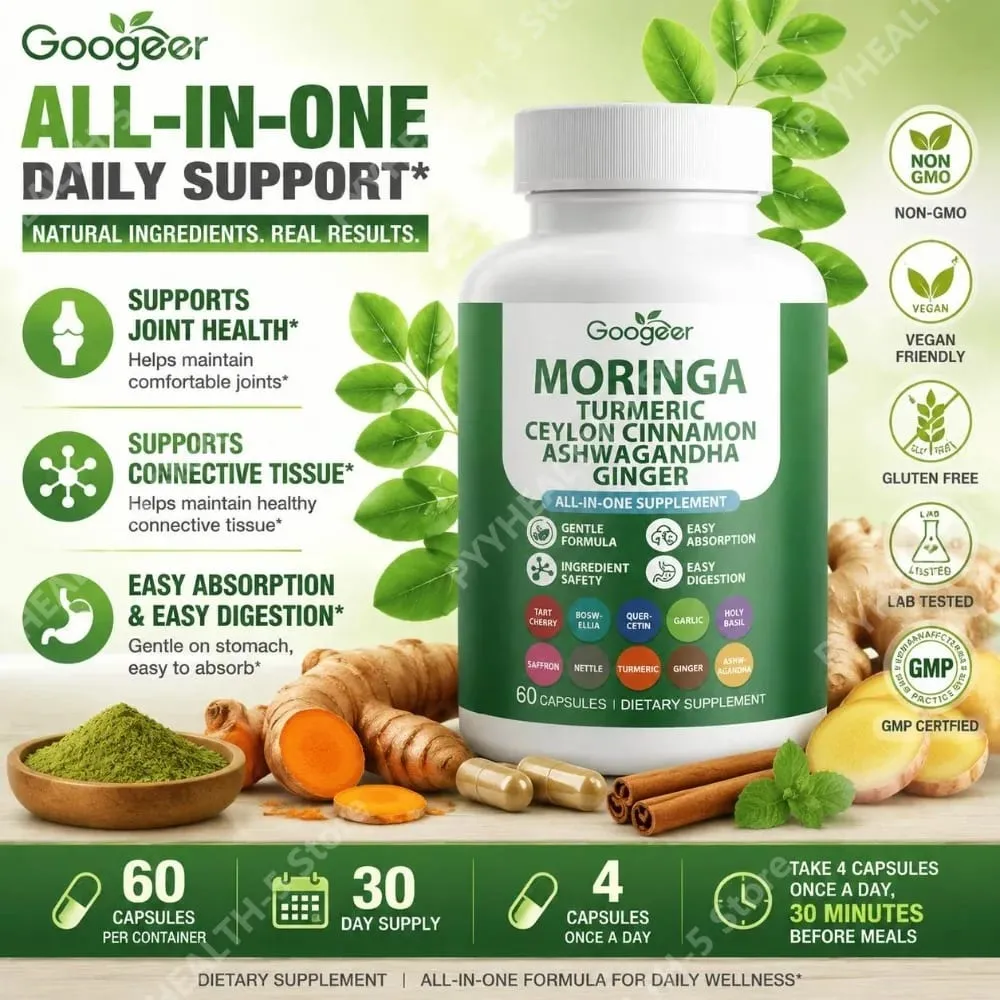 Googeer Moringa Kurkuma Capsules Alles-in-één voor gewrichtsgezondheidsondersteuning met Ashwagandha Gember en Ceylon Kaneel 60 Capsules — image 1