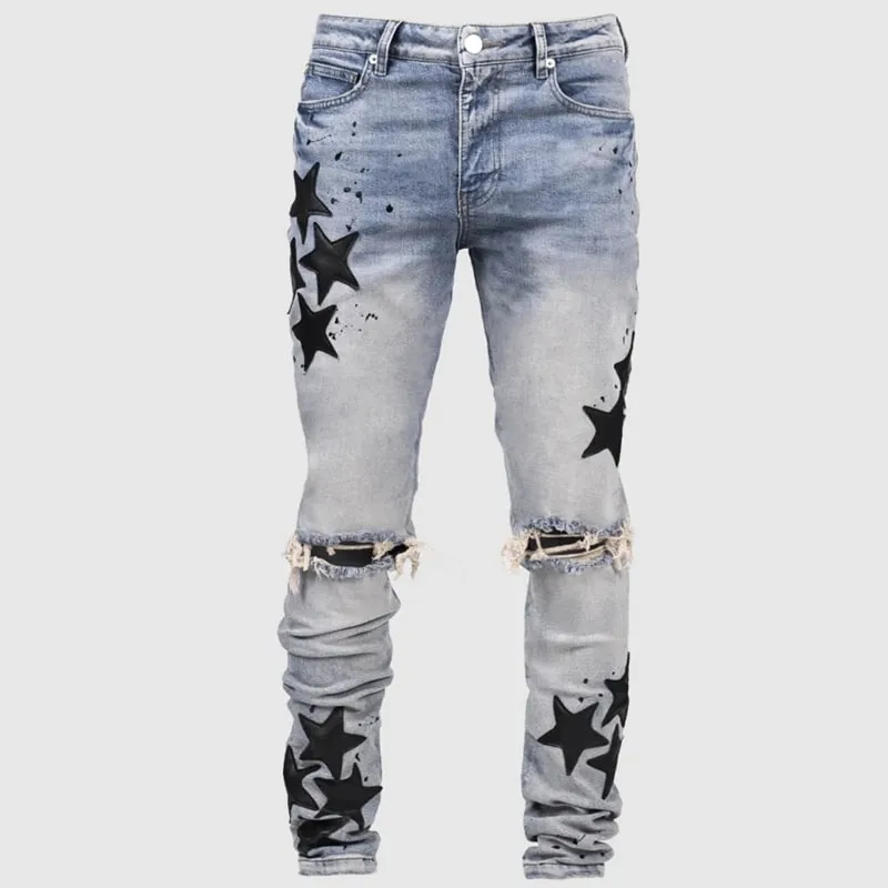 Kakan – új férfi kék, karcsúsított patch farmer Y2k nyomtatott design hosszú farmer farmer férfi márka — image 11