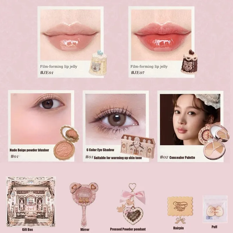 Flowerknows THE SWEETIE BEAR COLLECTION Makeup Gift Set All In Concealer Palette Blush Setting Powder Lip Jelly Gift Box Mirror