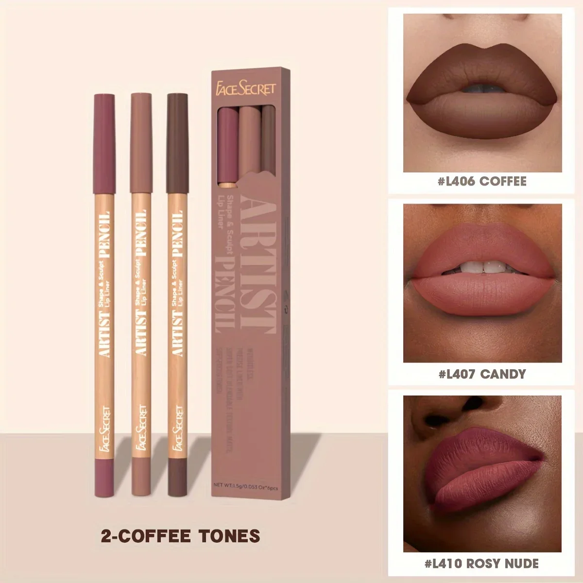 Face Secret 3 τμχ Σετ Nude Lip Liner Φυσικό ματ μακράς διαρκείας αδιάβροχο μακιγιάζ με μολύβι χειλιών με γάντζο γραμμής υψηλής χρωστικής