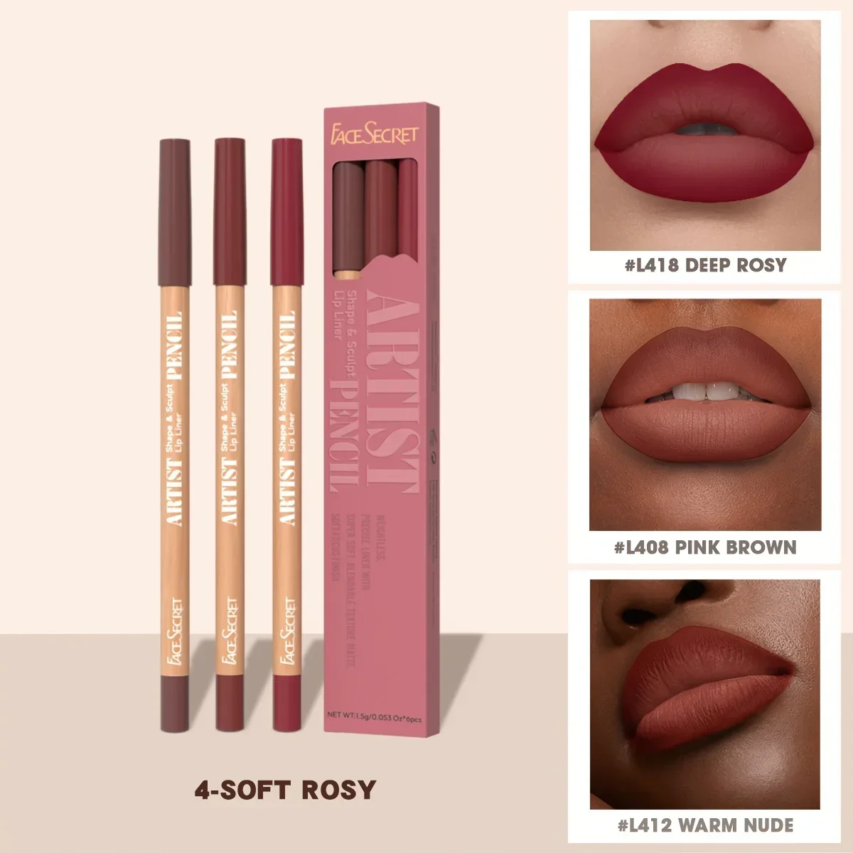 Face Secret 3 τμχ Σετ Nude Lip Liner Φυσικό ματ μακράς διαρκείας αδιάβροχο μακιγιάζ με μολύβι χειλιών με γάντζο γραμμής υψηλής χρωστικής
