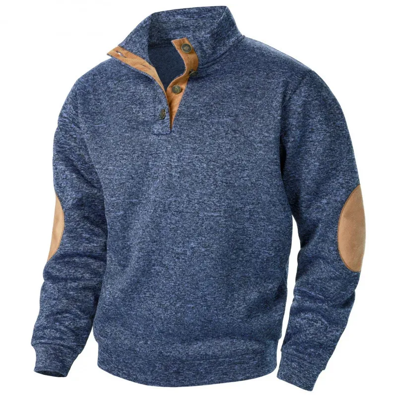 Sweter Musim Gugur Pria Hoodie Warna Kontras Perca Kerah Berdiri Pulover Vintage Botton Down Pria