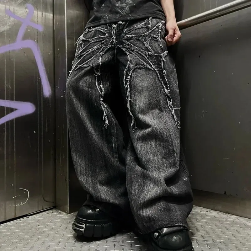 Y2K Baggy Jeans וינטג' דפוס רקמה שחבור ג'ינס באיכות גבוהה היפ הופ גותי Streetwear גברים נשים ג'ינס רחב רגליים מזדמנים — image 3