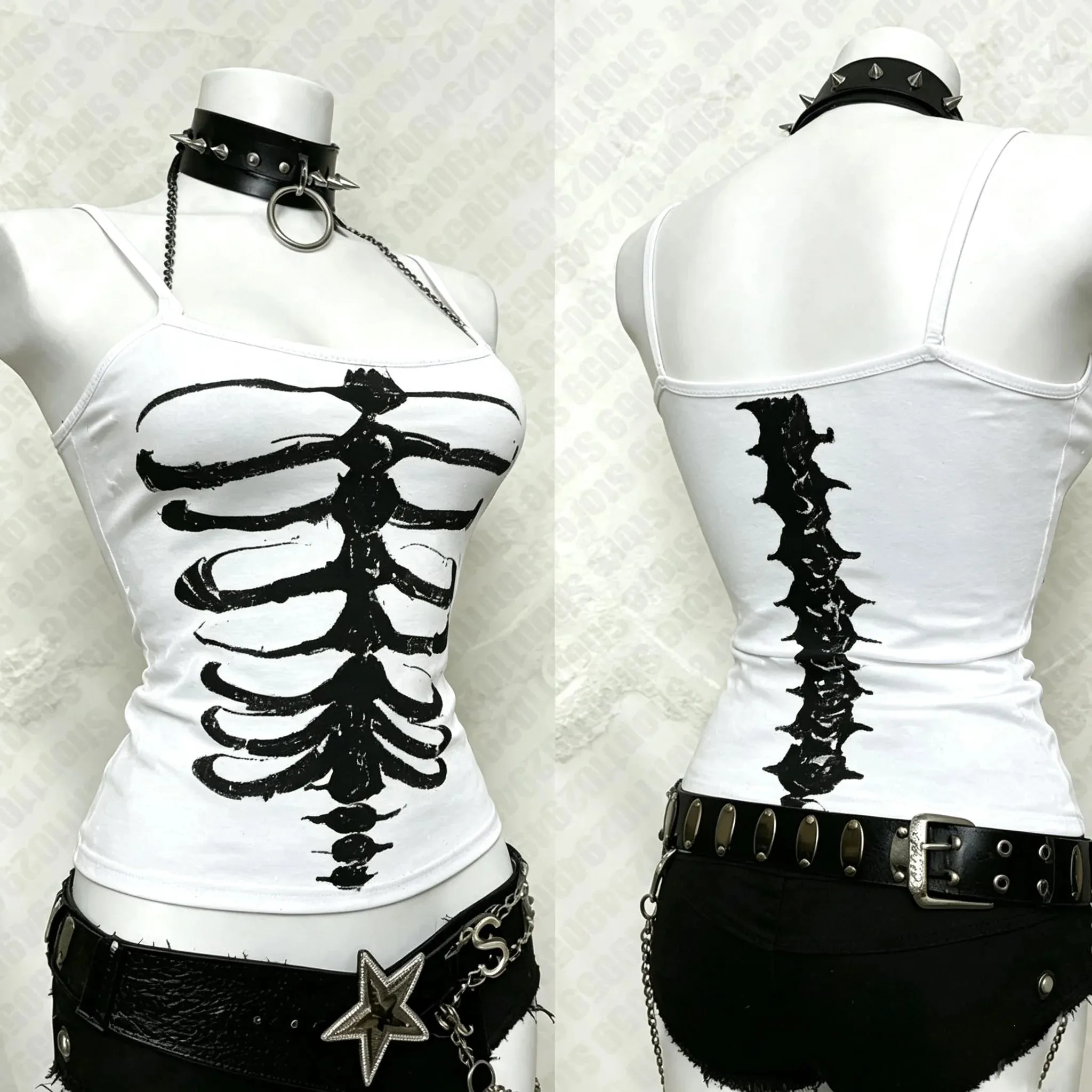 Y2K Gothic Alt ujjatlan Crop felső Vintage grunge csontváz elöl, hátul, grafikus karcsú női csontváz bordás gerincű Cami felsők — image 4