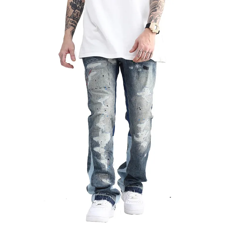 Blue Speckle Ink Washed Flared Jeans Slim Fit Hip Hop Graffiti Ripped Denim Παντελόνι Ανδρικό Streetwear Vintage Φαρδύ τζιν παντελόνι Y2k