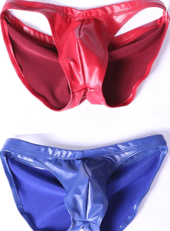 Oil Glossy Swimming Briefs PU Lather Elastic Low-rise Buttocks-Lifting Slip Bikini Shirring Crotch Seam Underwear Bathing Shorts