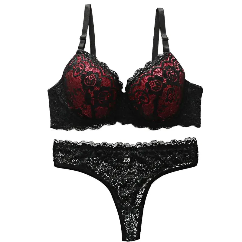 女性の赤と黒のレースのブラジャーとパンティ セット プッシュアップ アンダーワイヤー ランジェリー 2026
