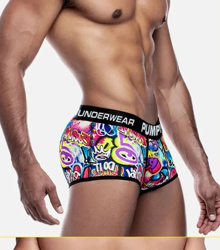 1PCS Men's Cotton Nylon Blend Boxer Briefs All-Over Graffiti Print Wide Elastic Waistband Non-Tight Fashion Sport Underwear